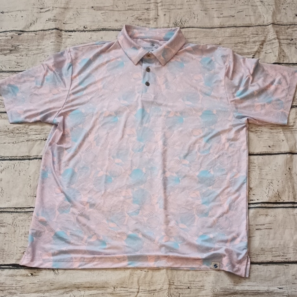 Southern Proper Men's Blue Pink Shell Print Polo Shirt L